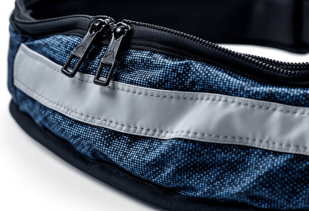 détail tissu élastique et bande réfléchissante ceinture running